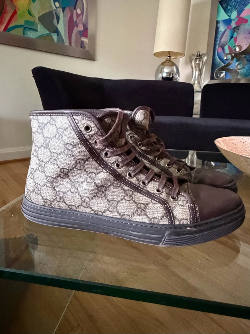 Gucci Men's Brown GG Canvas High-Top Sneakers with Leather Trim